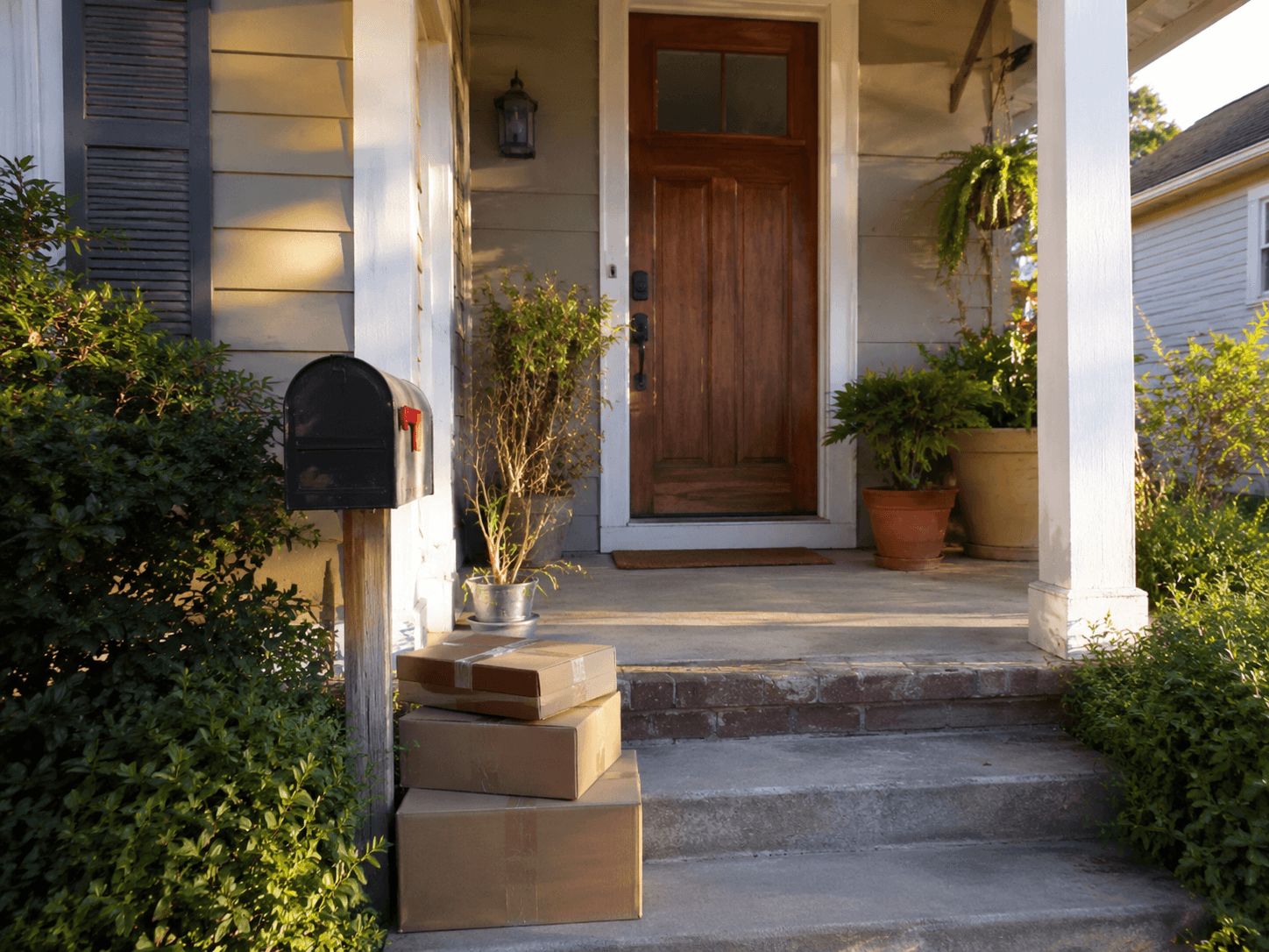 A friendly front porch with packages, plants, and a welcome mat